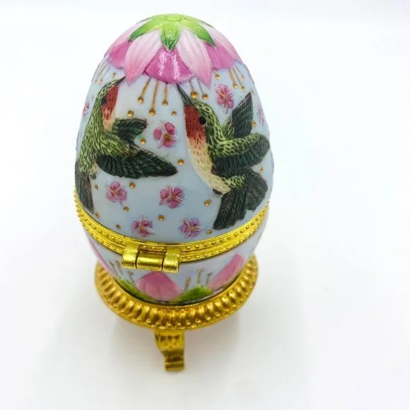 Vintage Porcelain Egg Hummingbird Club Floral Trinket Box w/ Gold Colored Stand - Picture 4 of 9